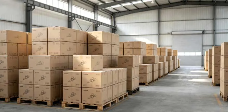 Large finished goods warehouse stocked with bulk car vacuum cleaner export cartons for mixed container wholesale
